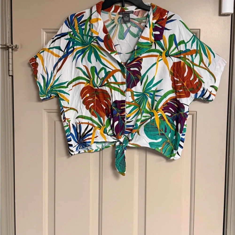 Chelsea & Theodore Size XL Tropical Leaf Print Crop Top Green Blue Rust Yellow - Picture 5 of 6